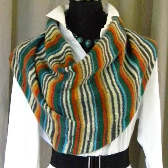 Handknit Multi-Colored Oblong Striped Scarf Shoulder Wrap Neckerchief